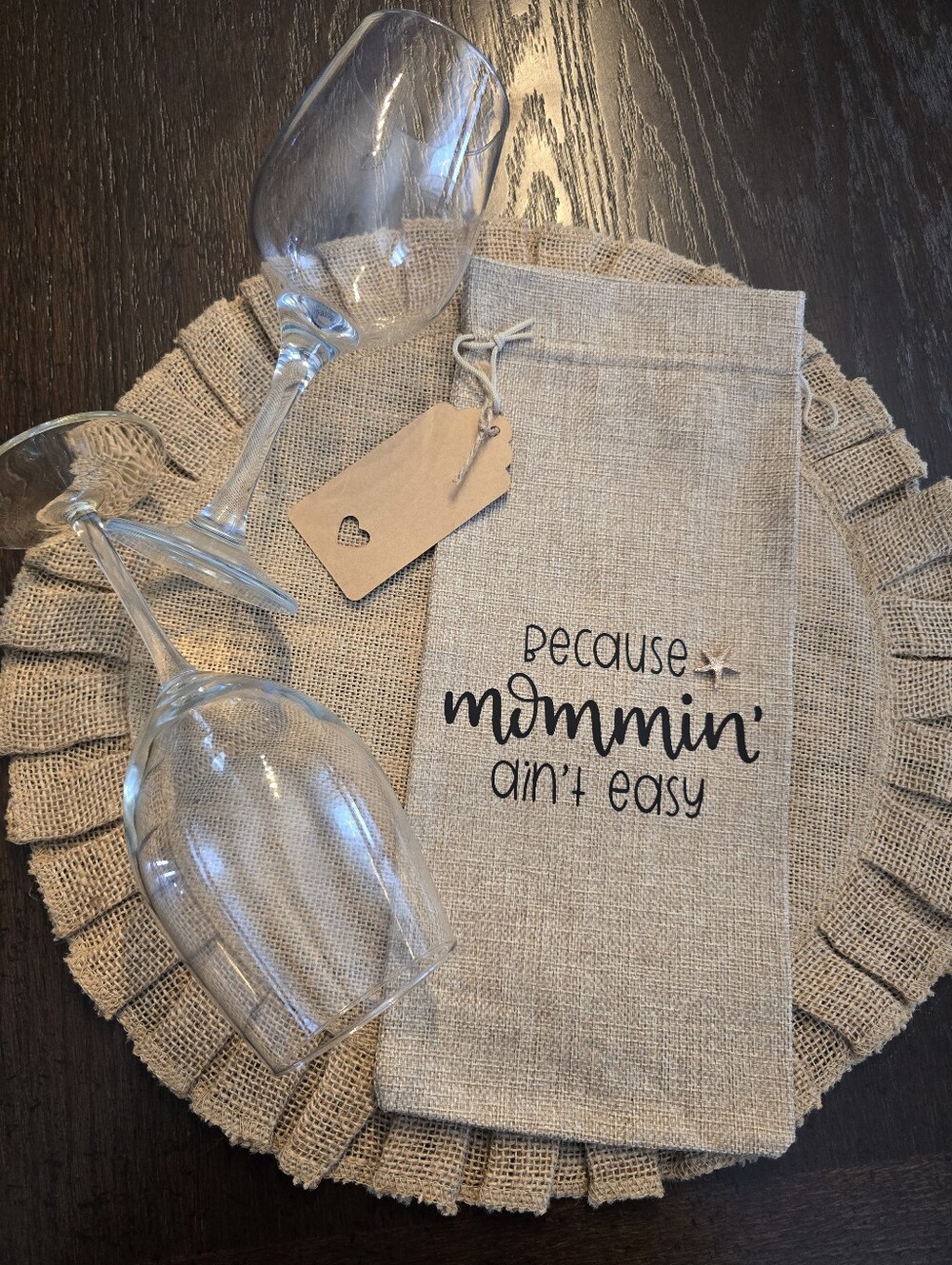 🍷 Handmade Burlap Wine Bag - Mommin' Ain't Easy ❤️